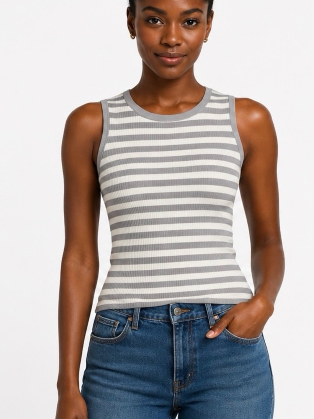 Theory NEW Stripe Rib Shell in Grey/Ivory